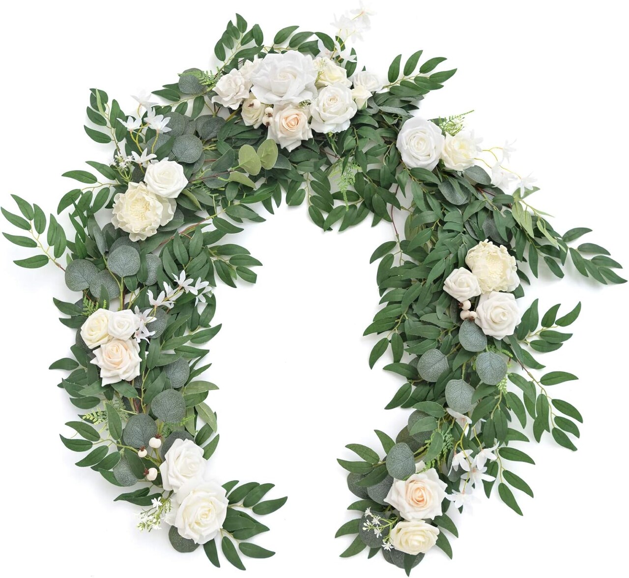 Flower Garland – 6FT Eucalyptus & Rose Garland for Wedding Sweetheart Table, Reception Decor, Spring Garden Ceremony, Christmas Decoration, Ivory White